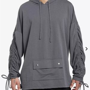 Gray Hooded Sweatshirt with Drawstring Sleeves